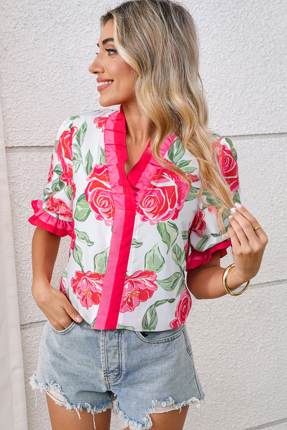 Rose Floral Frilled V Neck Short Sleeve Blouse