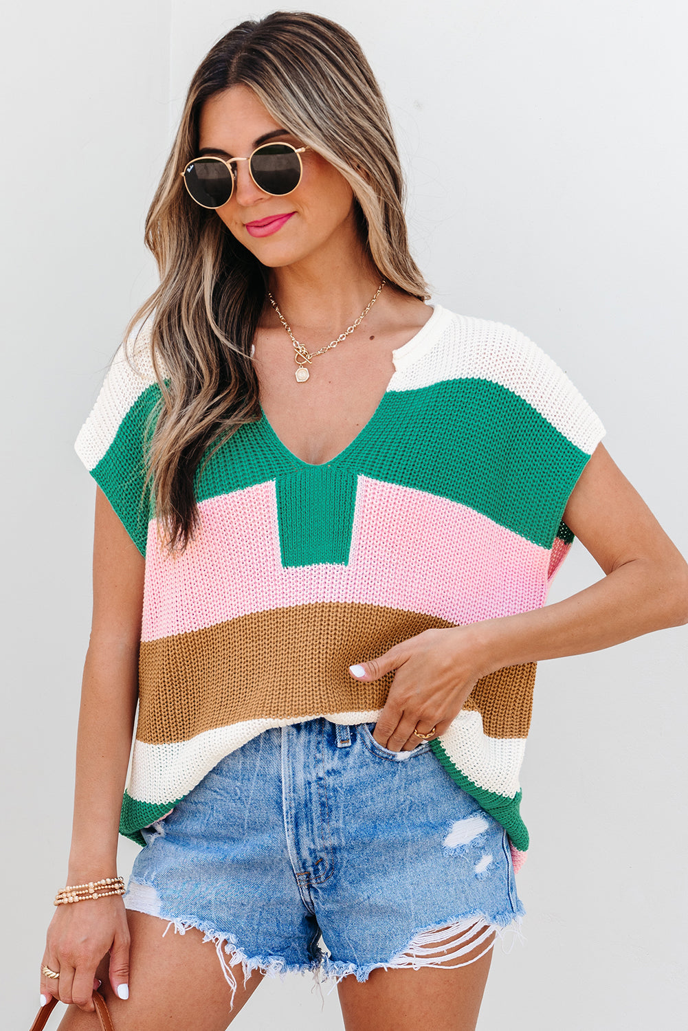 Multicolour Color Block V Neck Sweater T Shirt