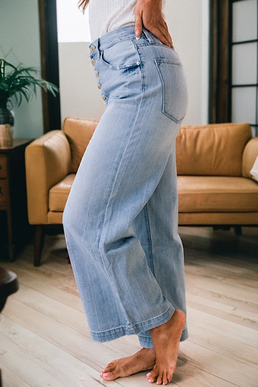 Button Up Pinstripe Wide Leg Jeans