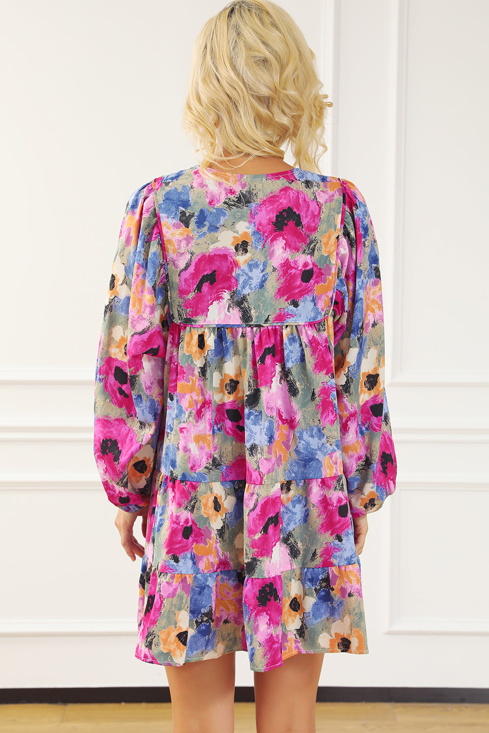 Floral Tie Neck Bubble Sleeve Shift Dress