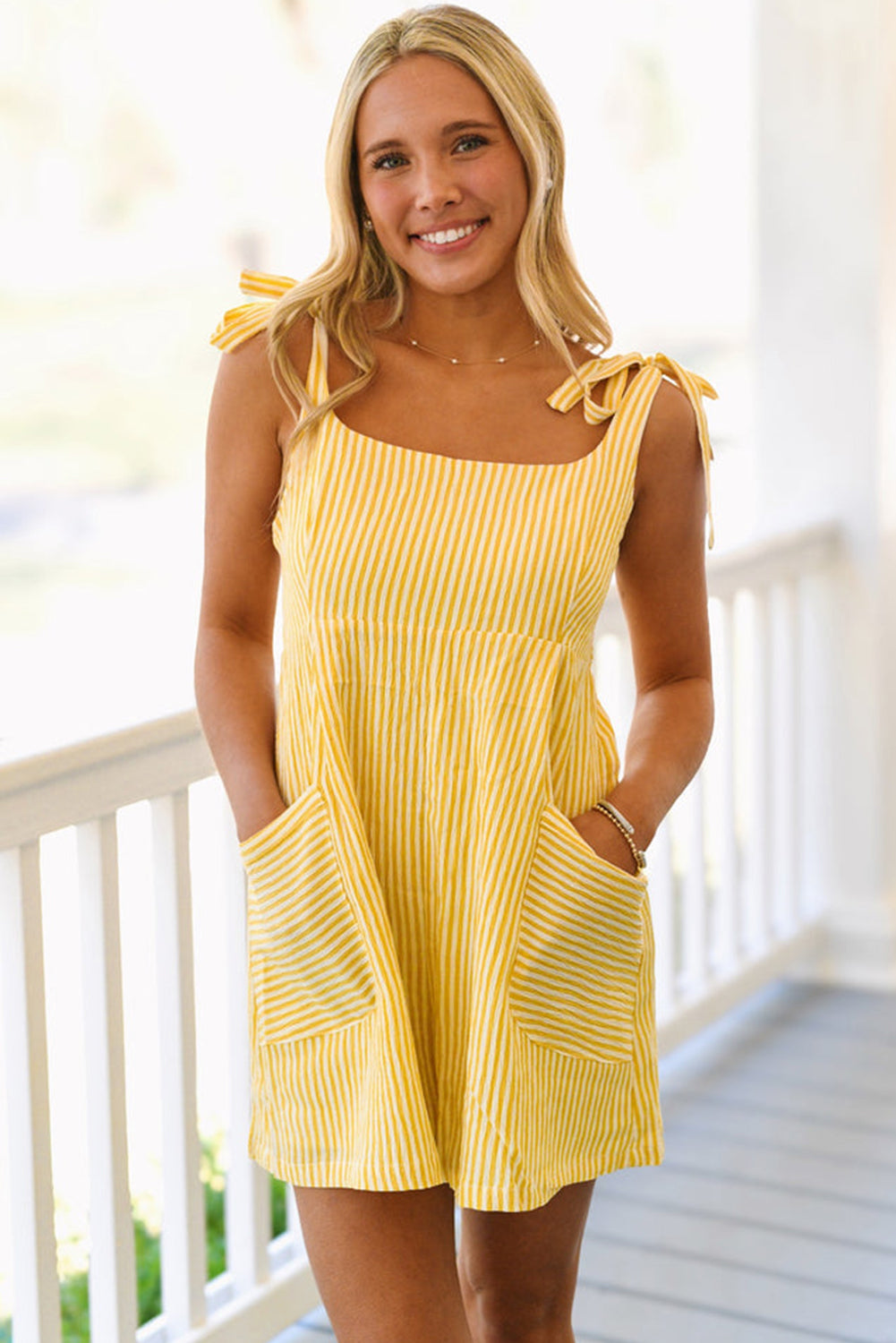 Yellow Stripe Shoulder Tie Casual Romper
