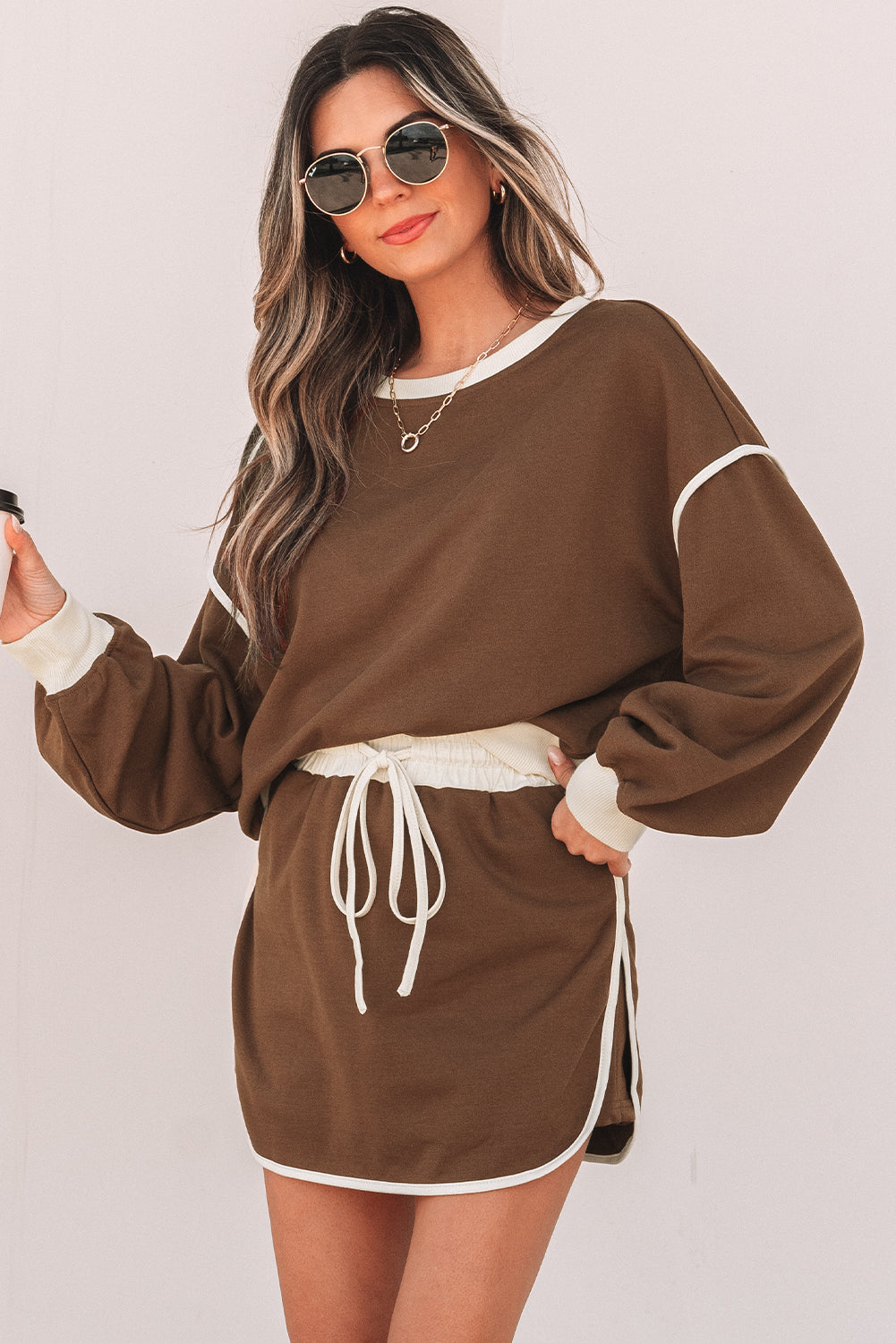 Coffee Loose Pullover and Lace-up Waist Skort Set