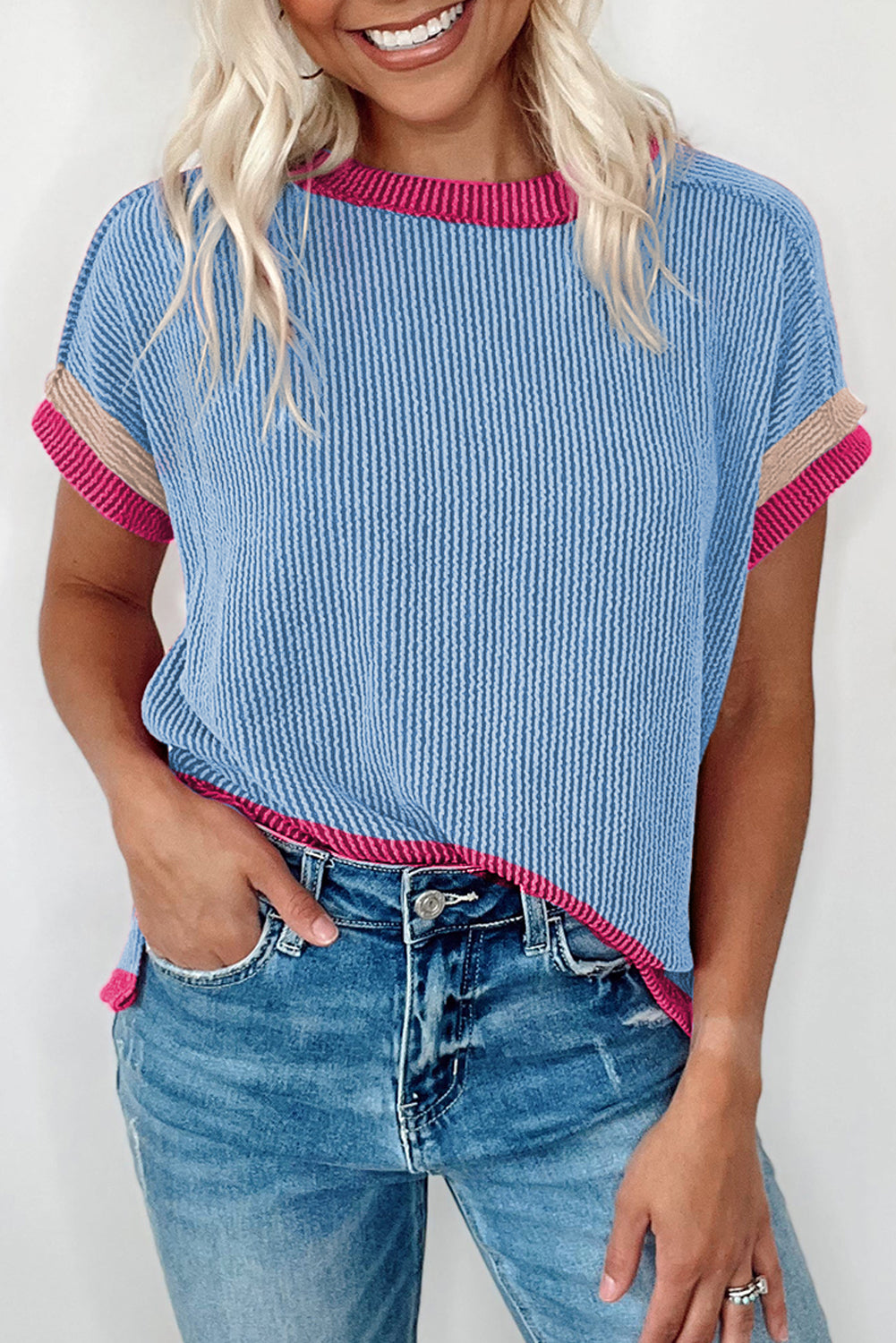 Blue Textured Contrast Trim T Shirt