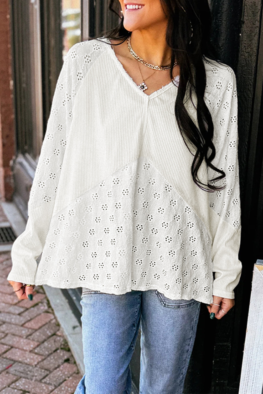 Eyelet Embroidered Long Sleeve Top