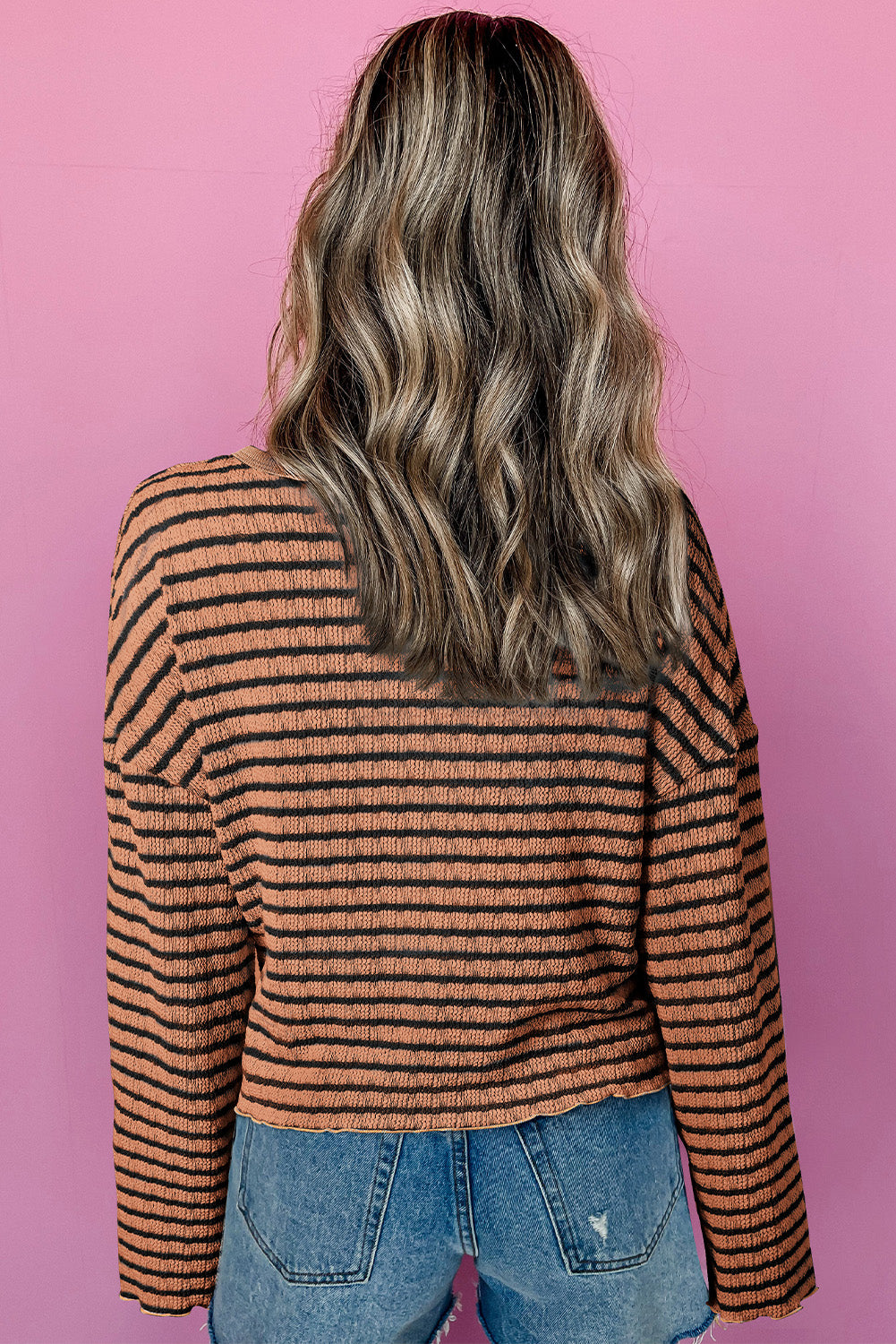 Brown Stripe Textured Buttons Henley Long Sleeve Top