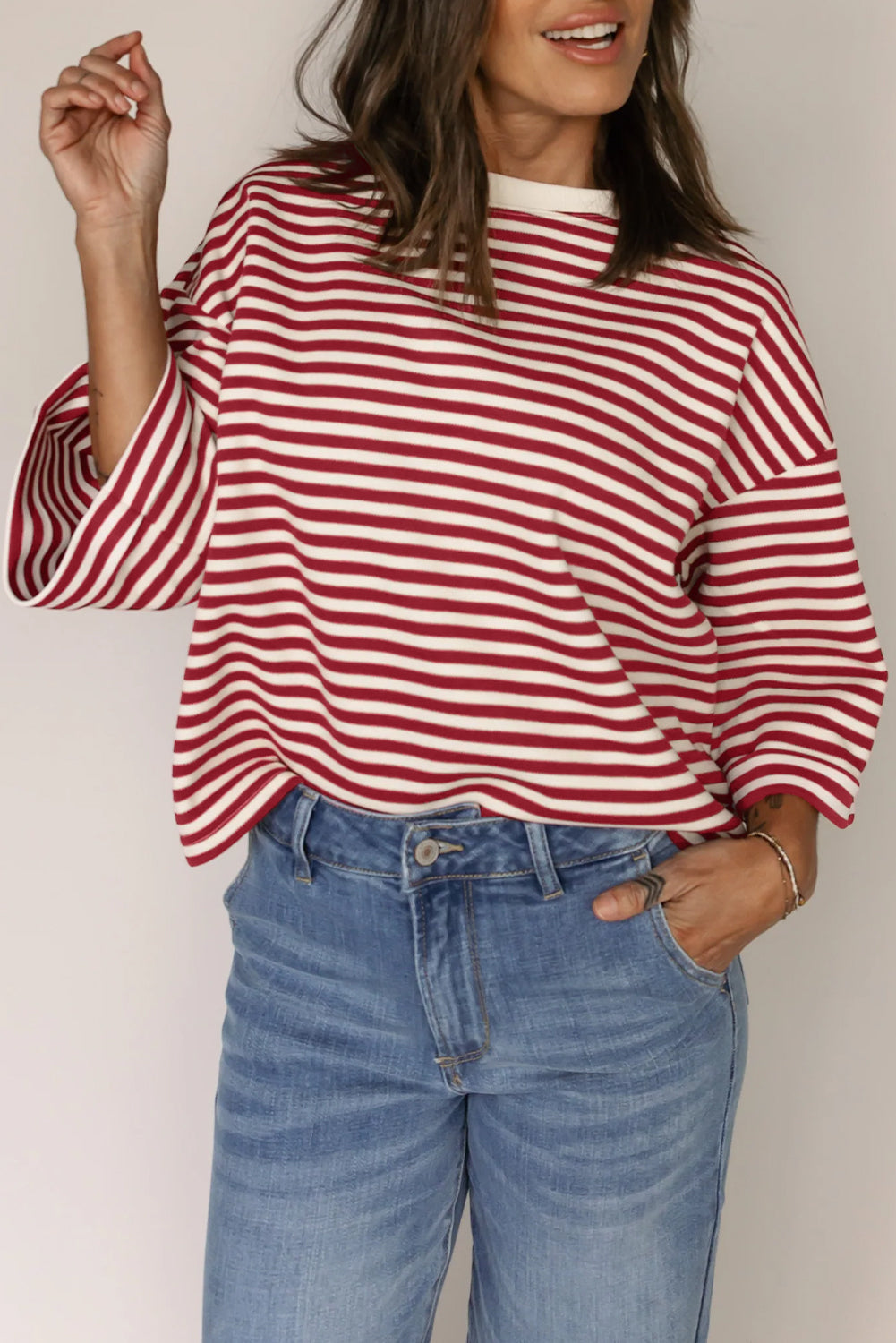 Red Stripe Bowknot Back Loose Tee