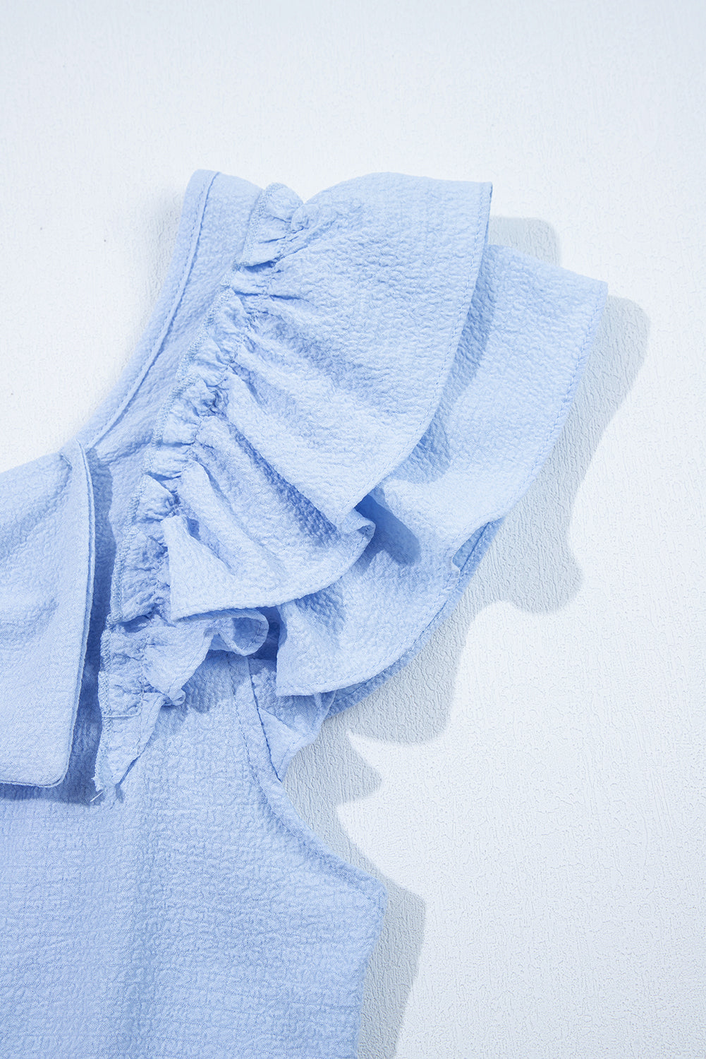 Blue Textured Bow Knot Frilled Butterfly Sleeve Blouse