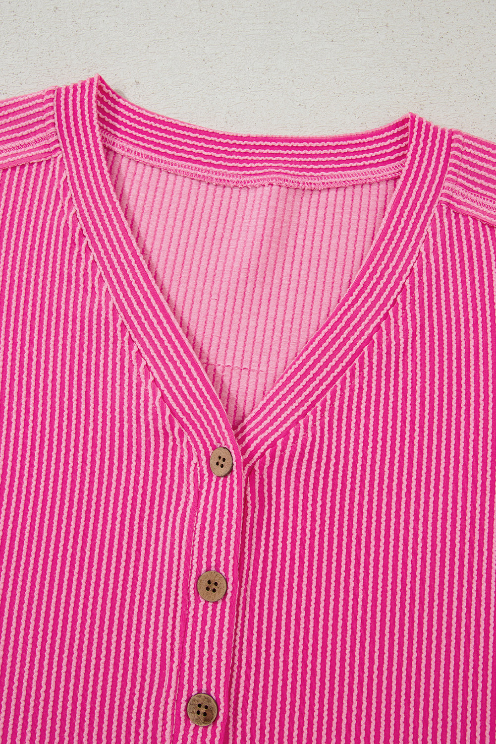 Pink Ribbed Short Sleeve V Neck Buttoned Romper