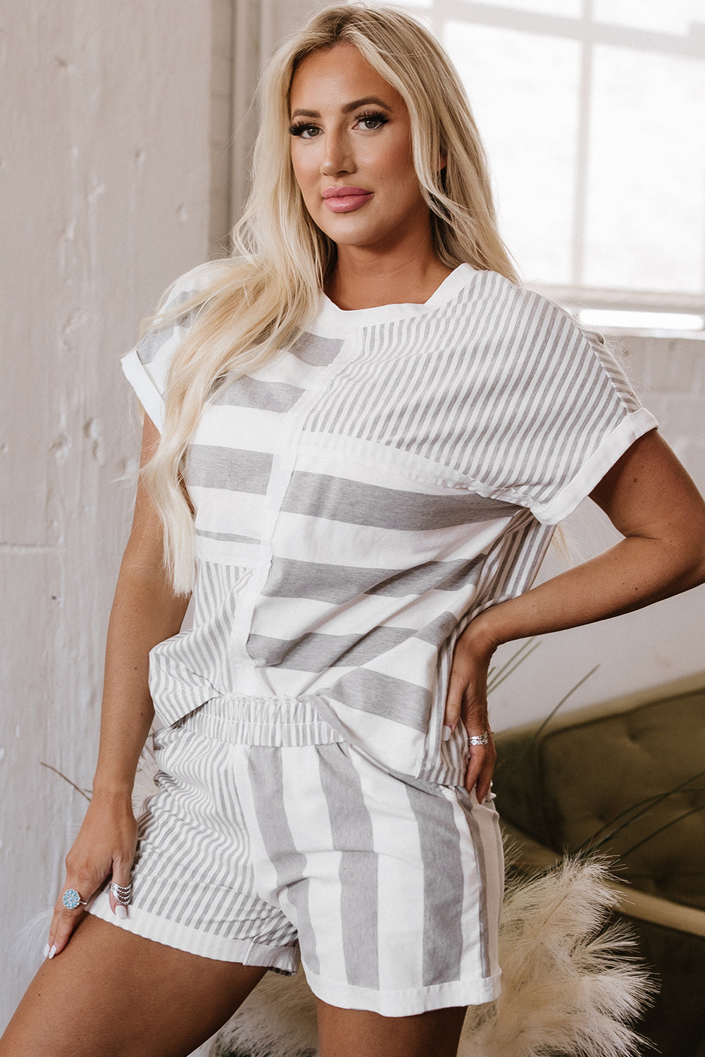 Gray Stripe Short Sleeve Top and Shorts Set