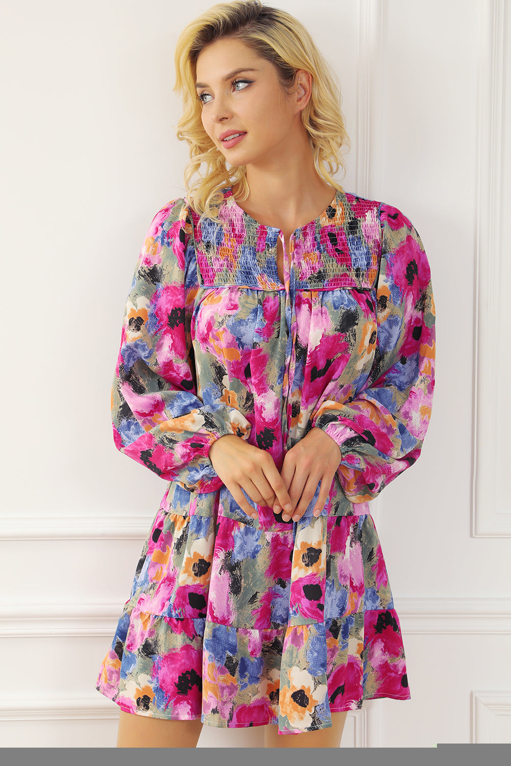 Floral Tie Neck Bubble Sleeve Shift Dress