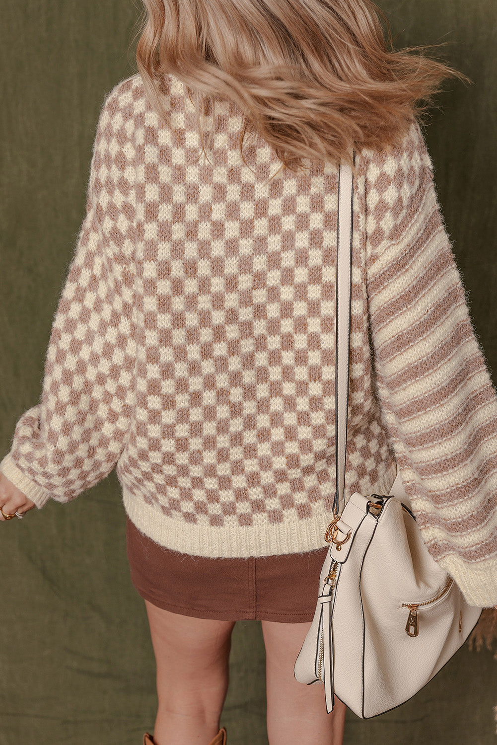 Khaki Checkerboard Balloon Sleeve Sweater