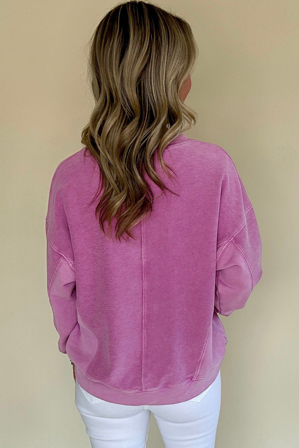 Pink Solid Color Notched Neck Sweatshirt