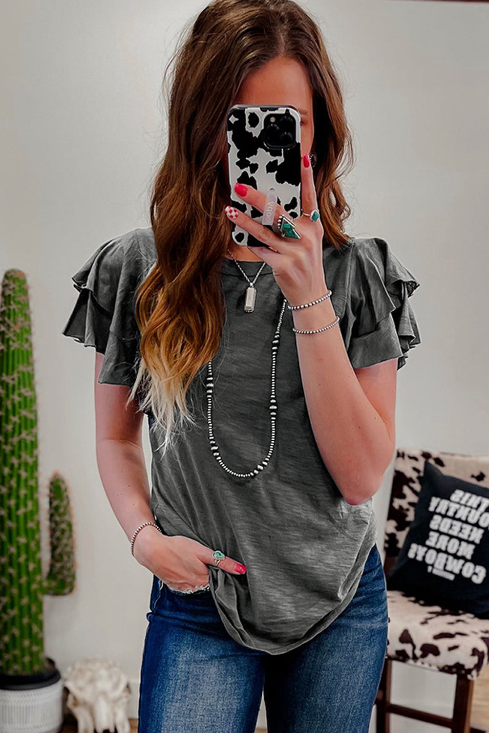 Dark Grey Ruffle Short Sleeve Top