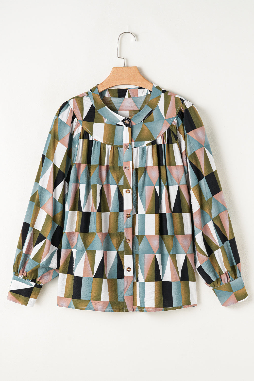 Green Geometric Print Buttoned Balloon Sleeve Blouse