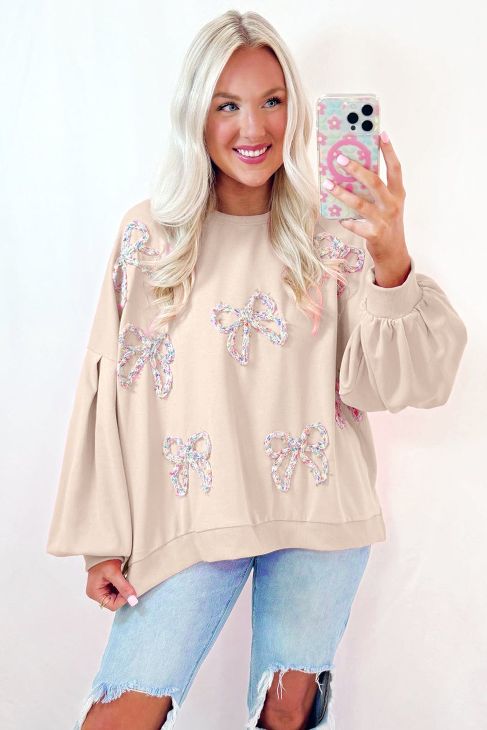 Embroidered Bow Lantern Sleeve Oversized Pullover