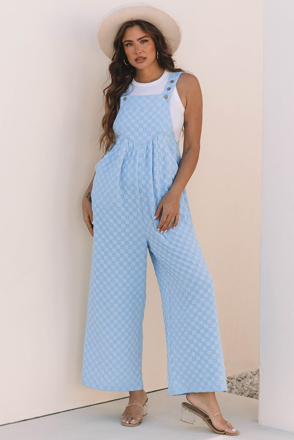 Blue Checkered Pocketed High Waist Wide Leg Overall