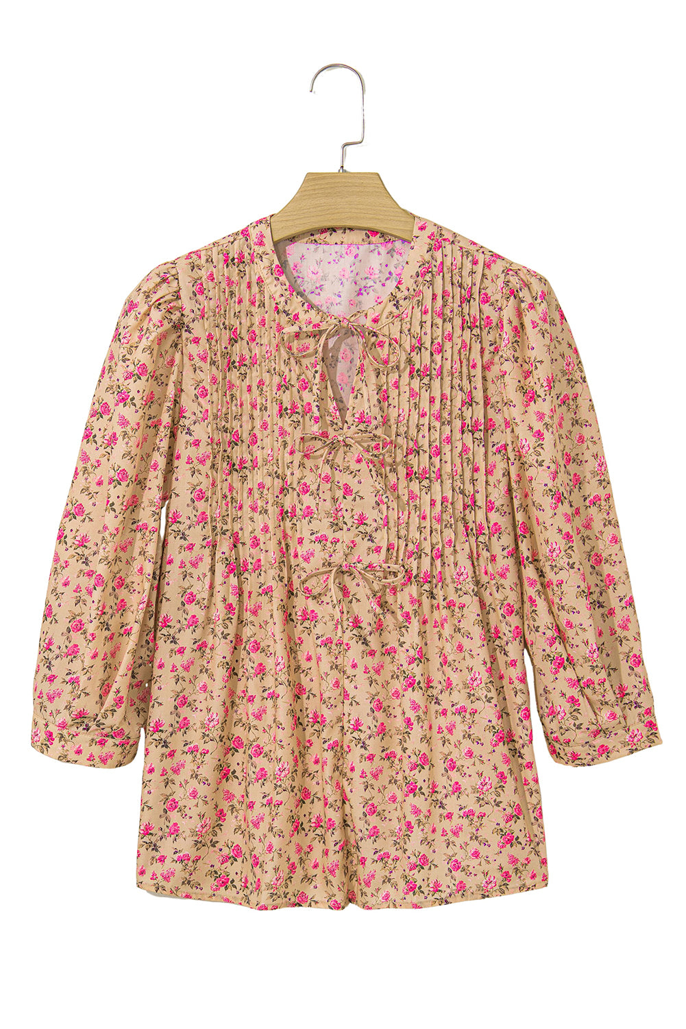 Floral Print Bow Pintuck Bust Half Puff Sleeve Blouse