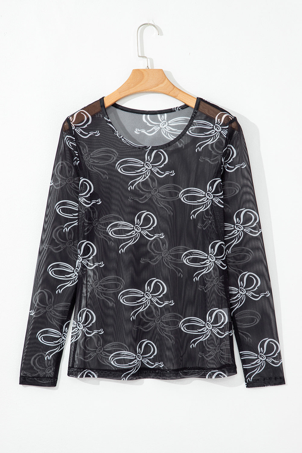 Black Bow Print Long Sleeve Mesh Top
