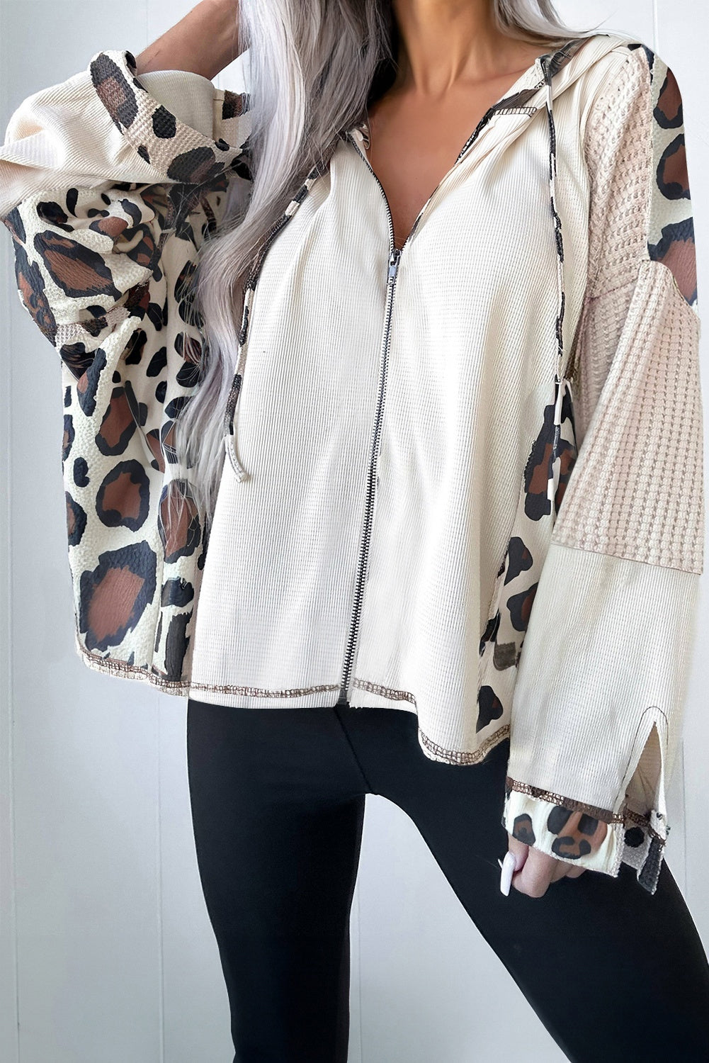 Oversized Leopard Patchwork Zip Up Hoodie