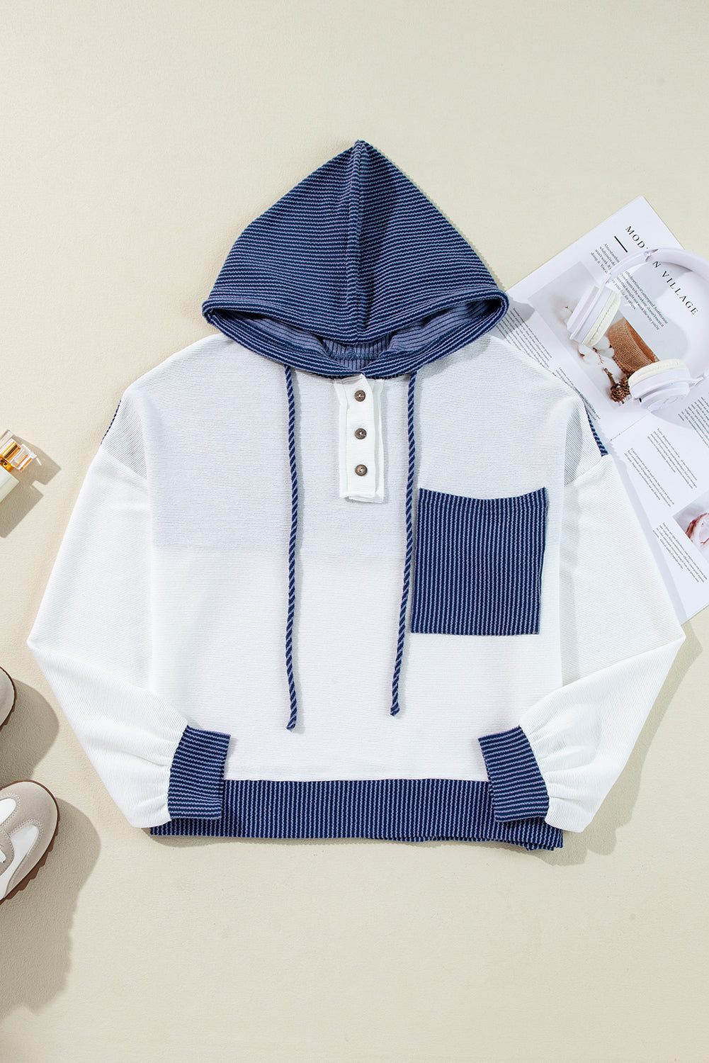 White Corded Colorblock Drawstring Hooded Top