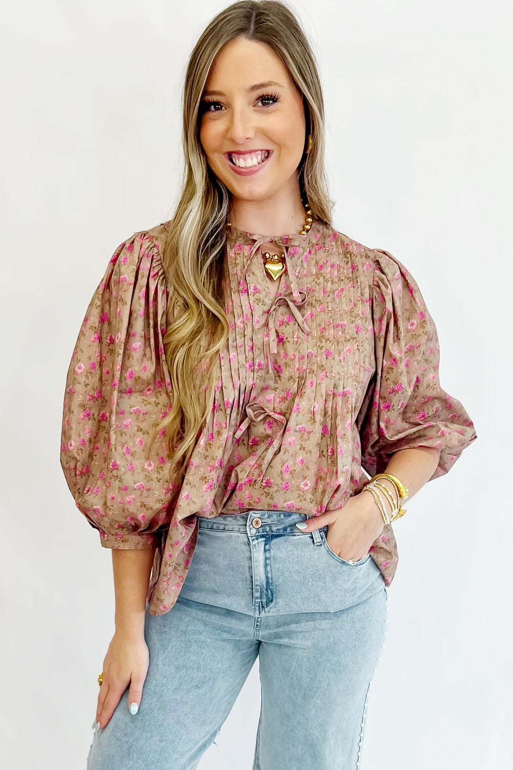 Floral Print Bow Pintuck Bust Half Puff Sleeve Blouse