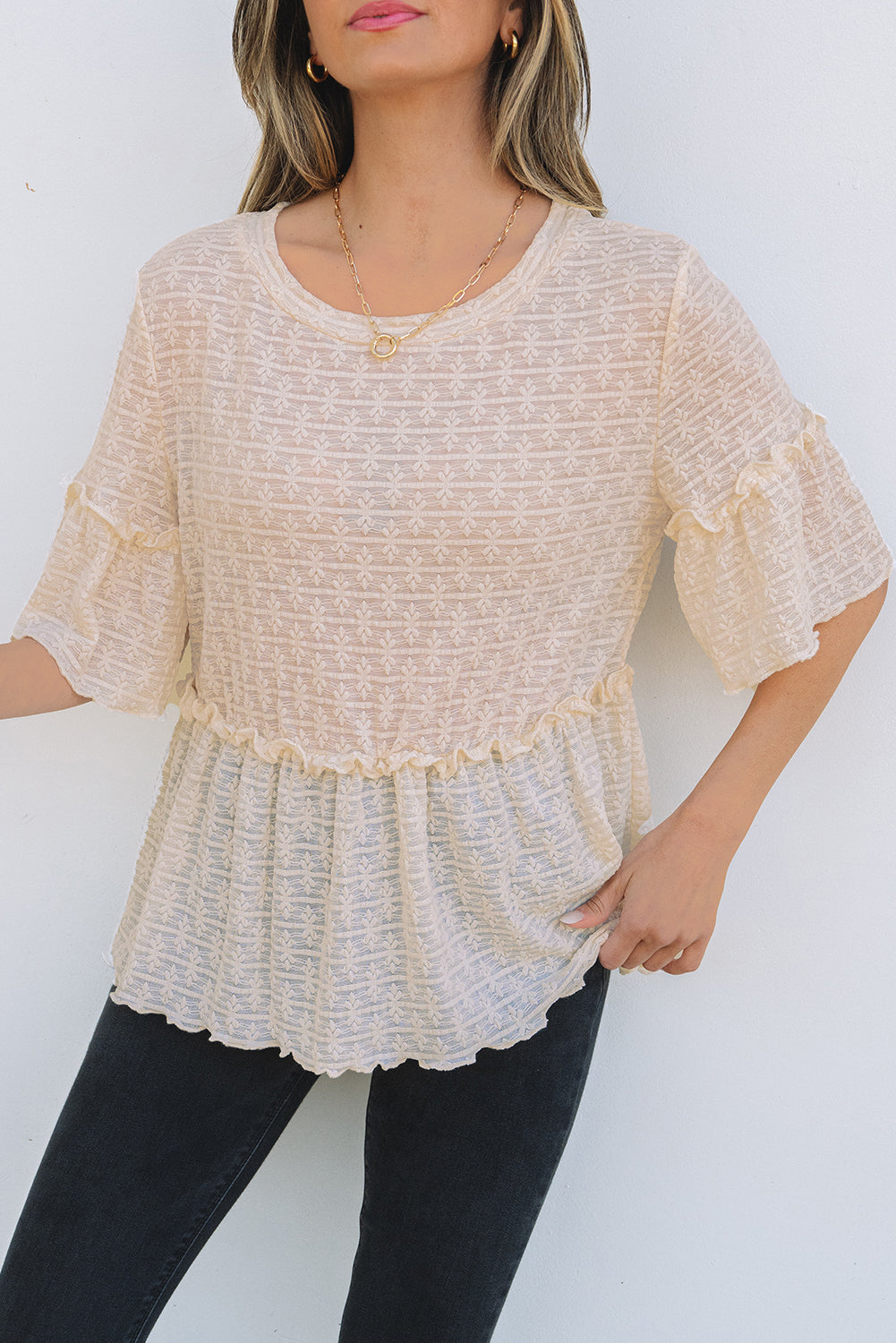 Solid Color Textured Ruffled Short Sleeve Blouse