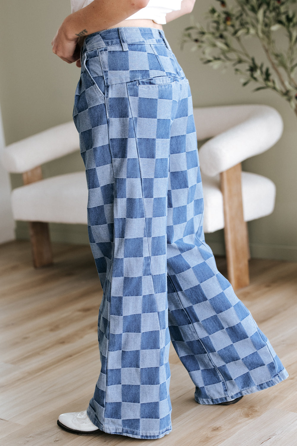 Blue Checkered Denim Wide Leg Jeans