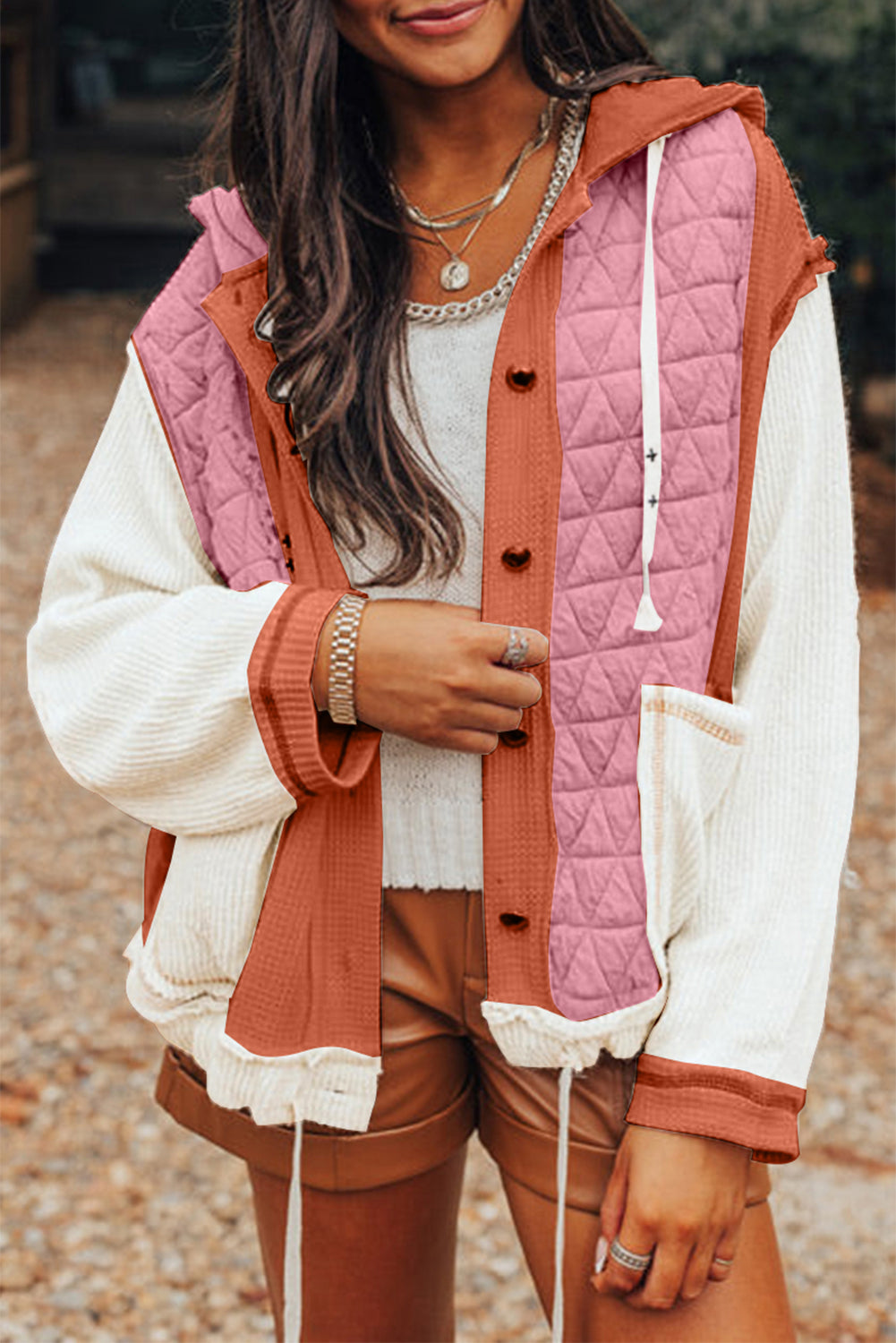 Quilted Textured Patchwork Hooded Jacket