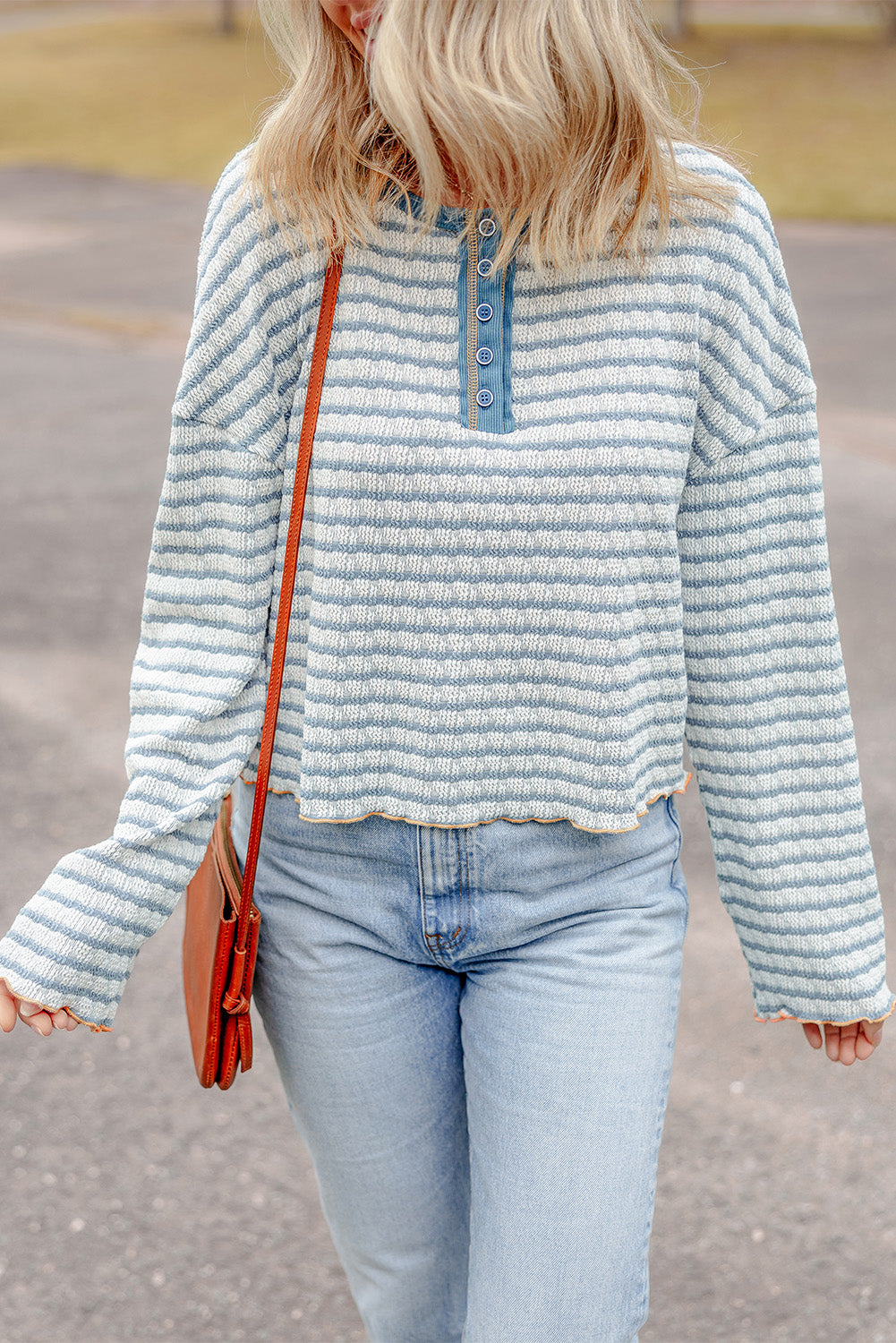 Striped Textured Henley Long Sleeve Top