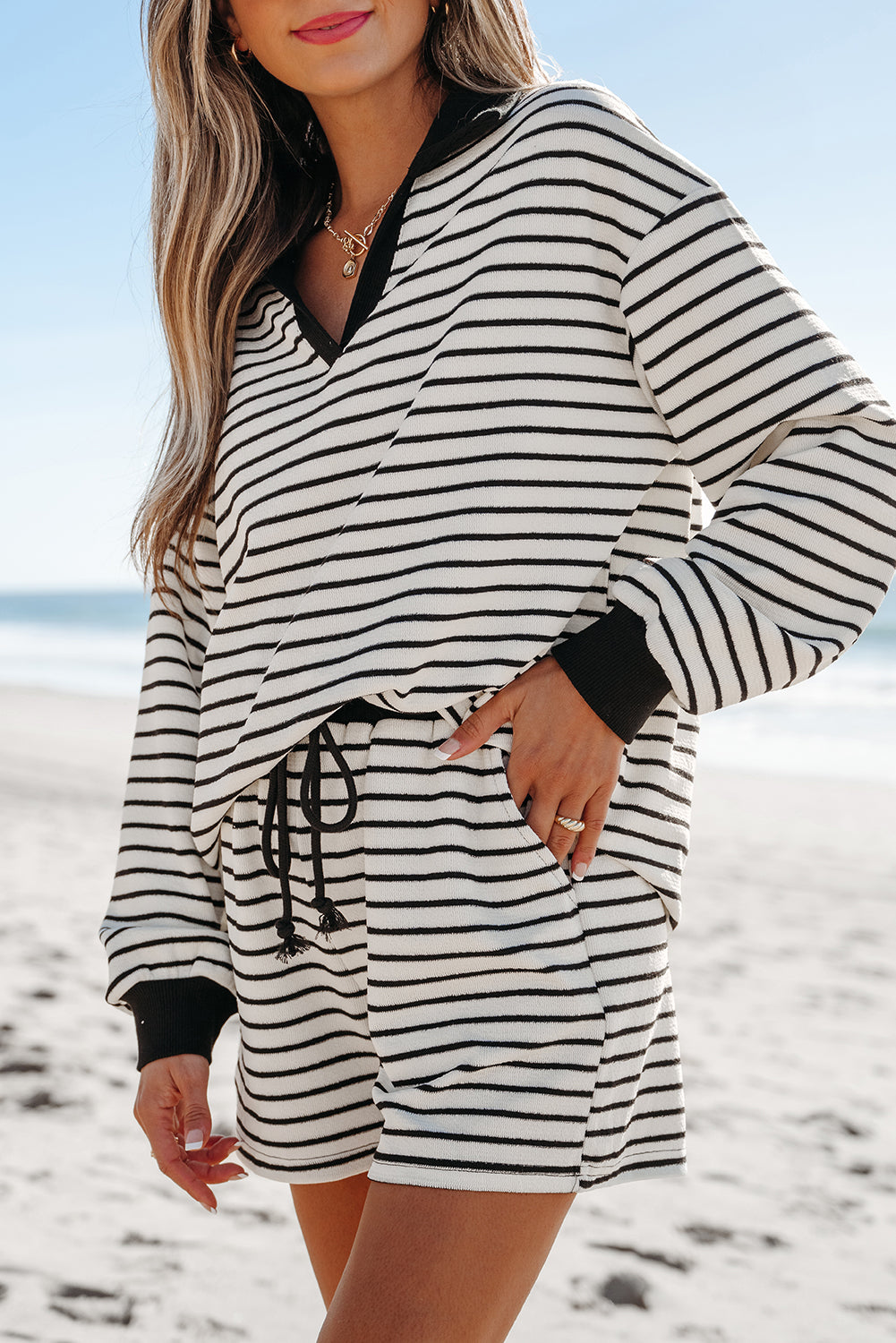 Black Stripe Collared Top and Drawstring Shorts Set