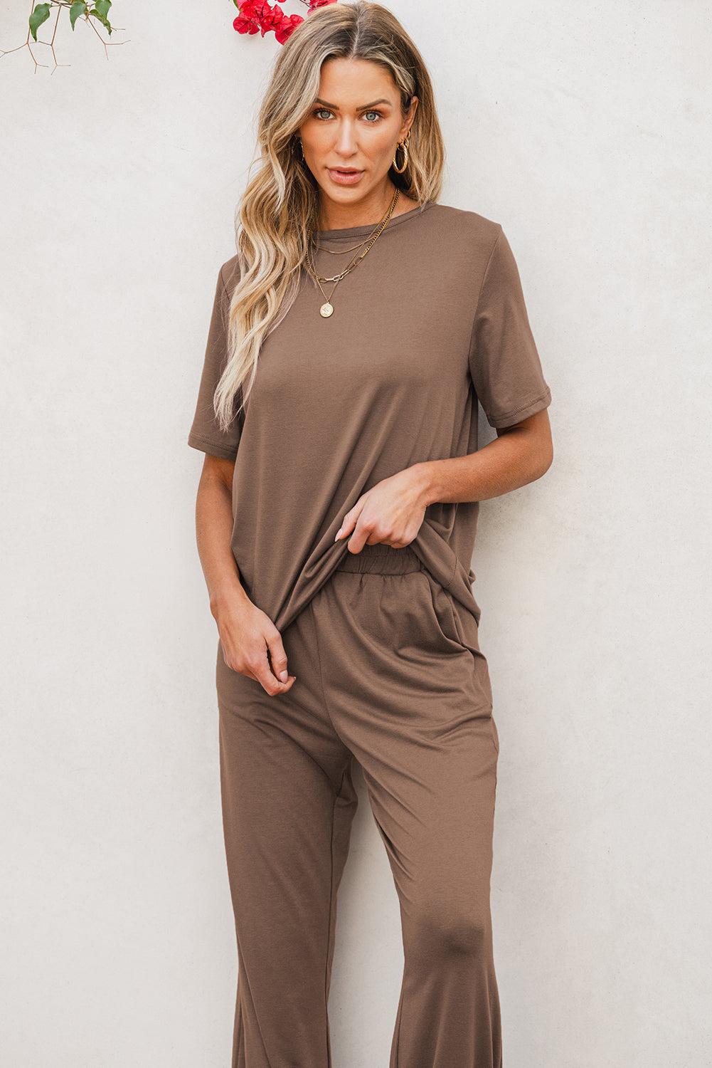 Smoke Gray Solid Color T Shirt Wide Leg Pants Set