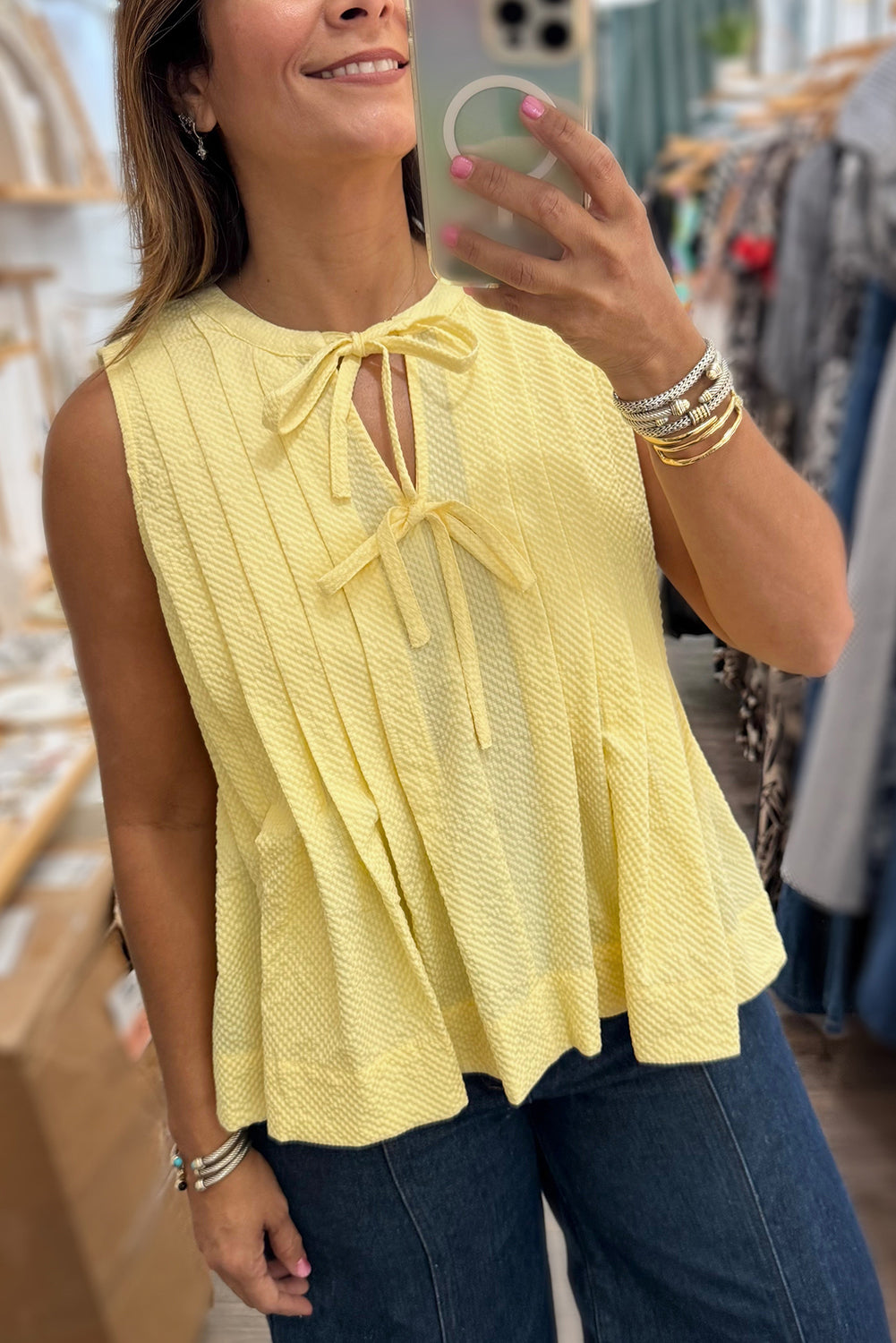 Yellow Bow Tie Notched Neck Pleated Tank Top