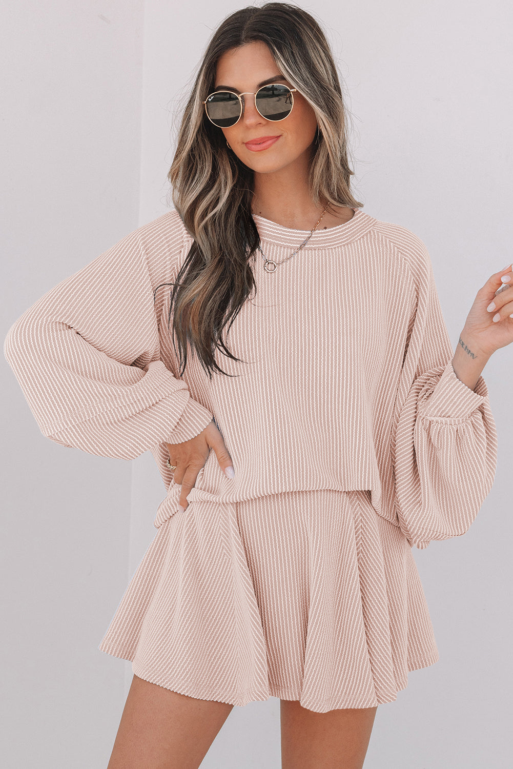 Corded Lantern Sleeve Top High Waist Ruffled Mini Skirt Set