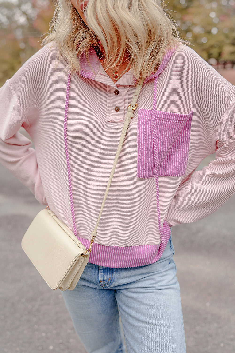 Light Pink Corded Colorblock Hooded Top