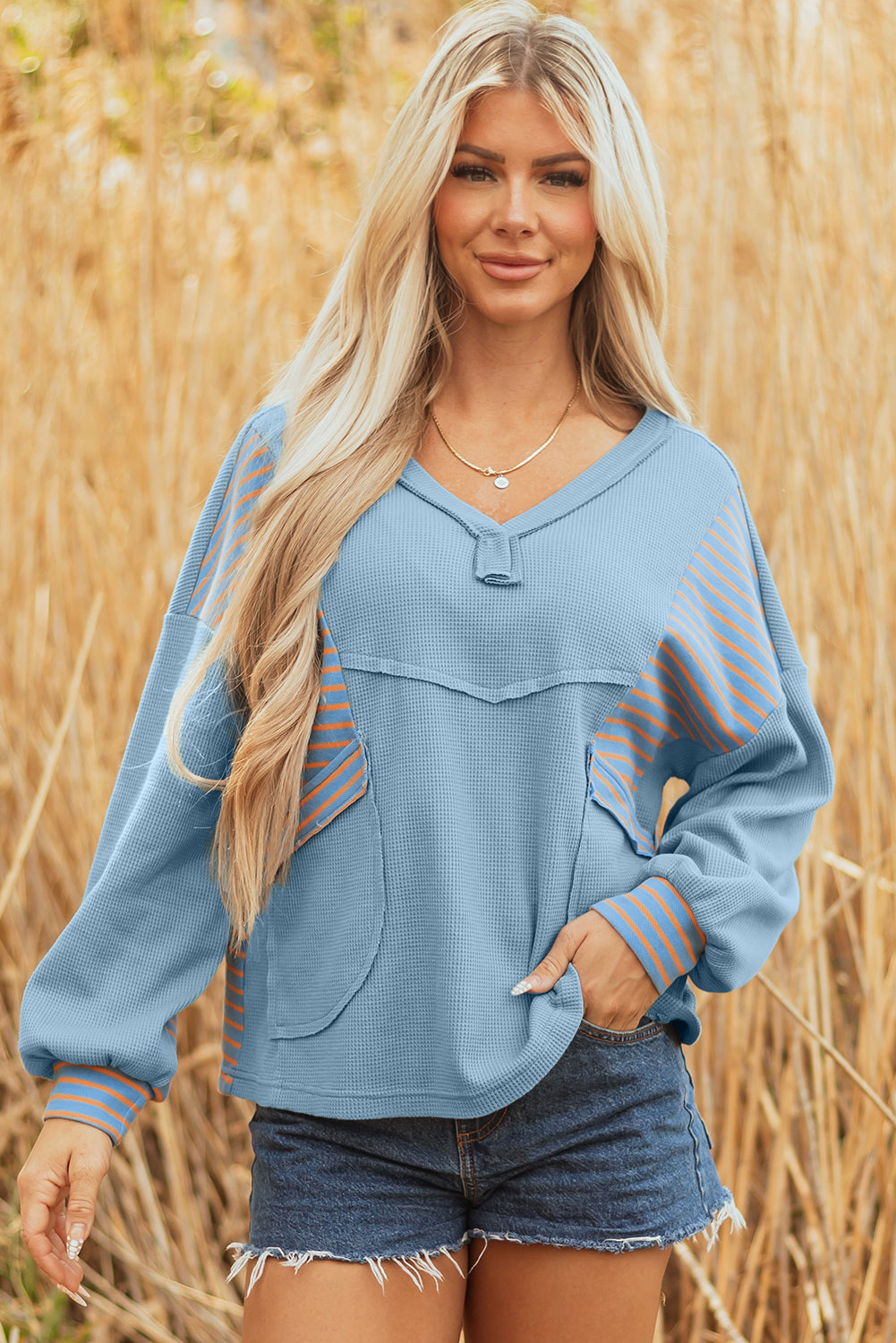 Dusk Blue Waffle Striped Patchwork Pullover