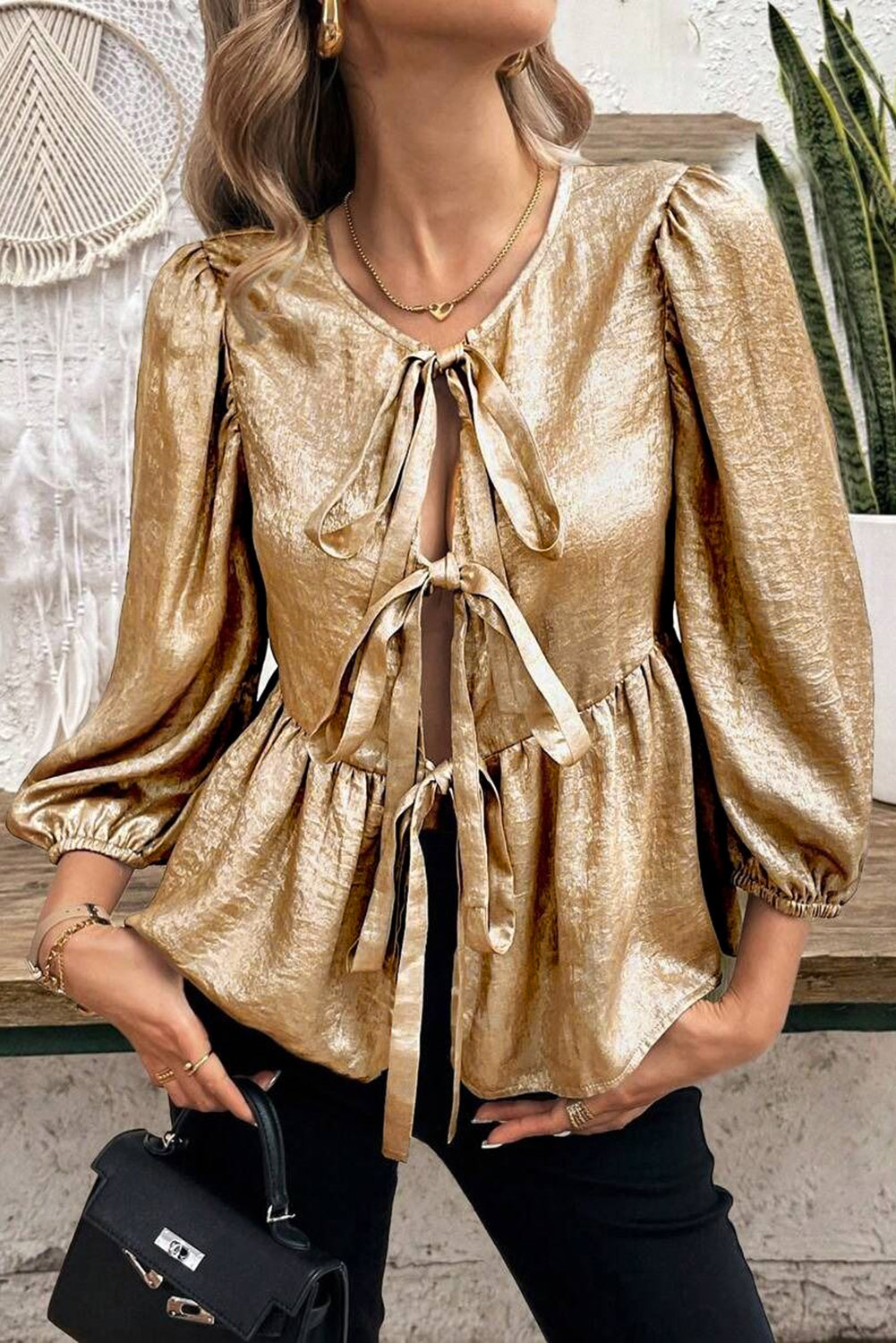Gold Bow Tie Long Sleeve Top