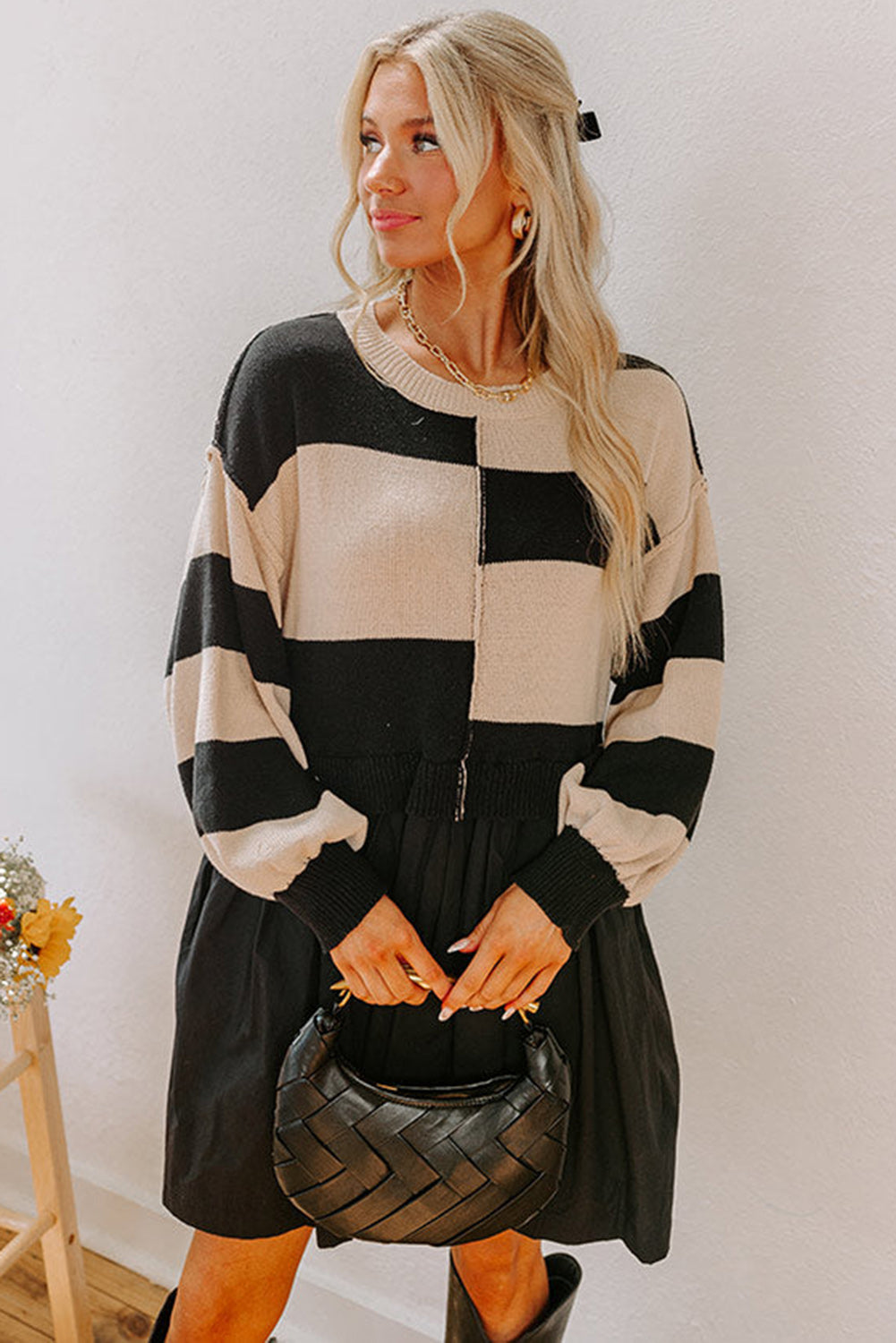 Black Stripe Knitted Top Sweater Dress