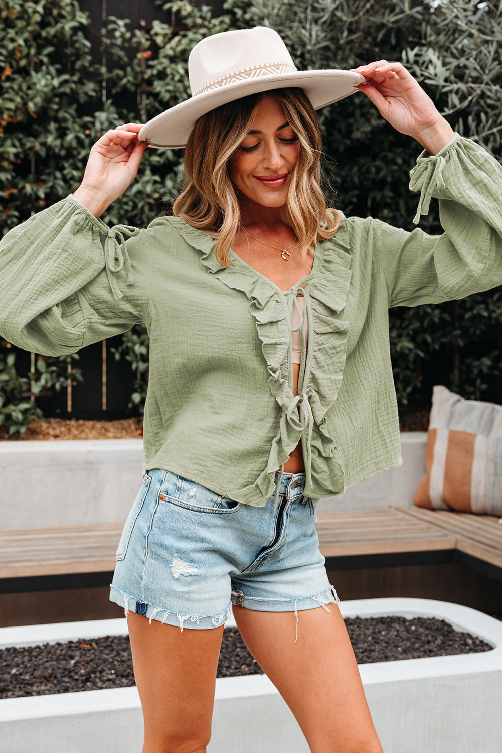 Sage Bow Tie Front Blouse