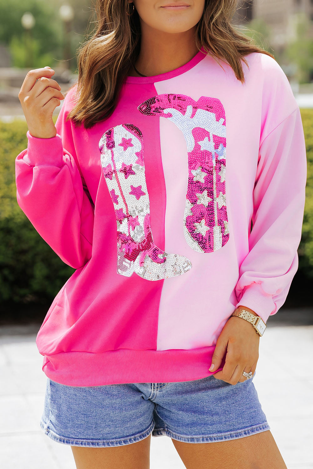 Pink Color Block Sequined Cowgirl Boots Sweatshirt