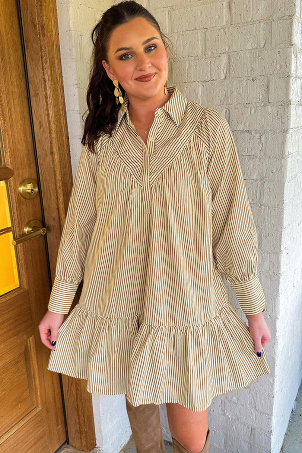 Brown Stripe Collared Mini Dress