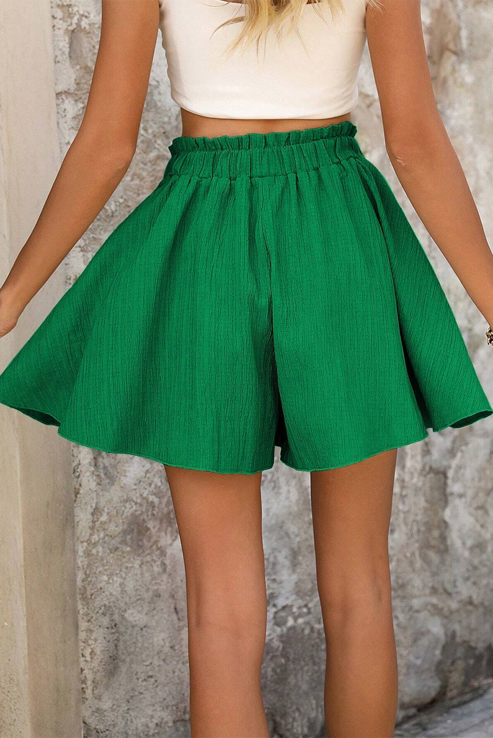 Textured Frilled Lace-up High Waist Ruffle Wide Leg Shorts