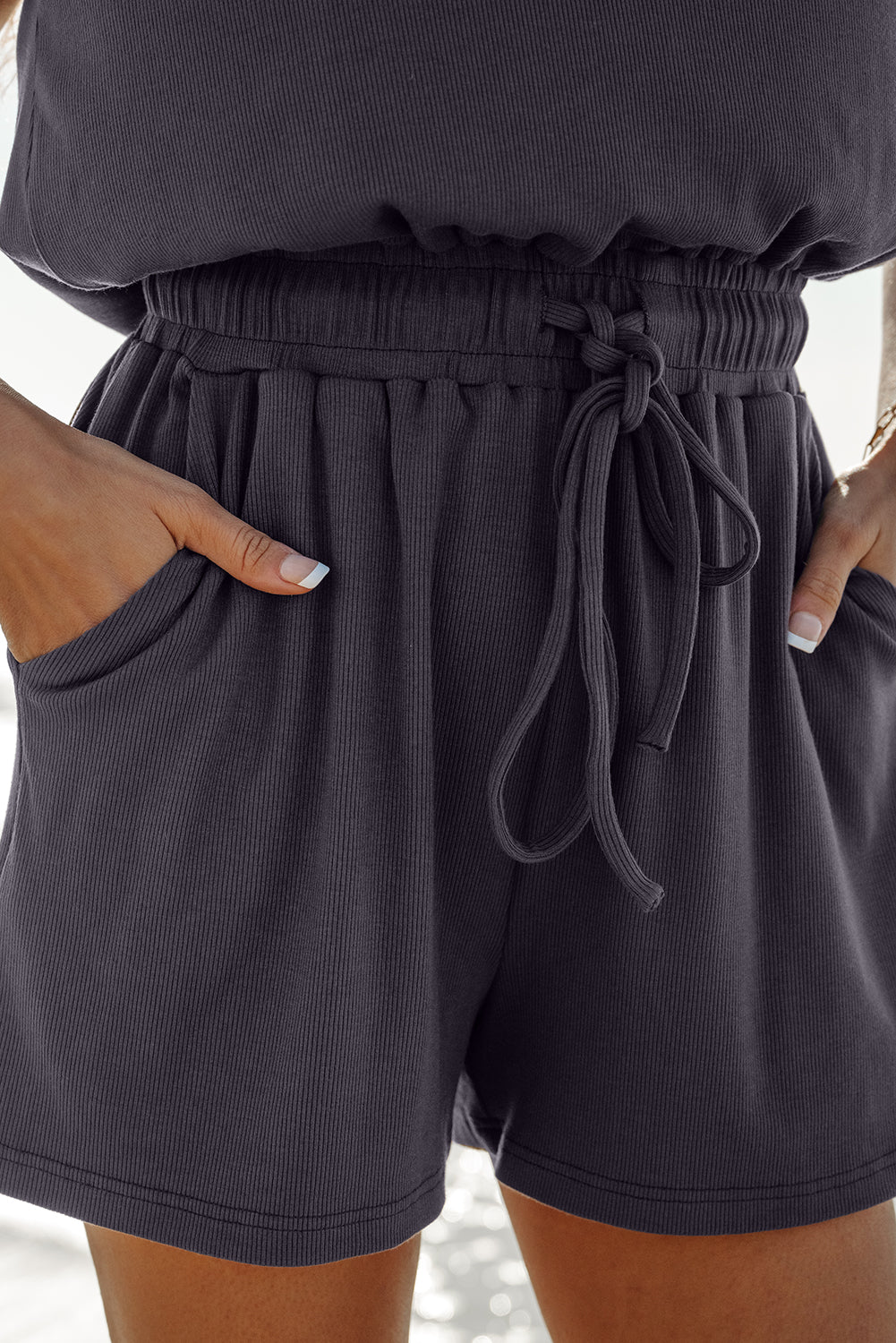 Black Knit Open Back Cap Sleeve Drawstring Romper