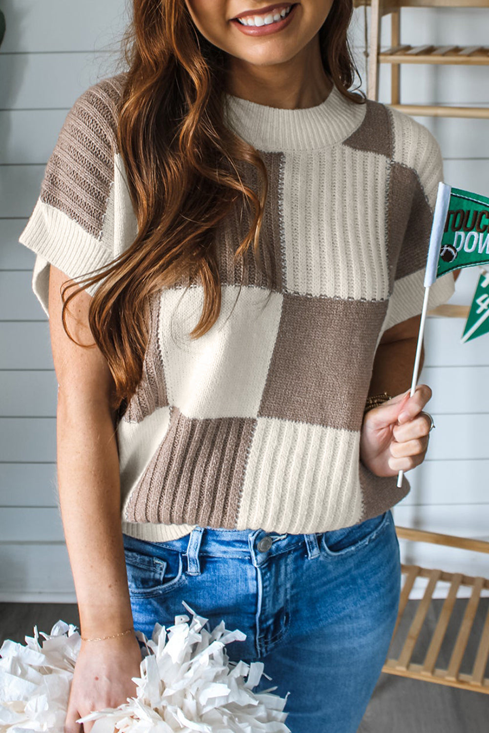 Checkered Color Block Crew Neck Sweater