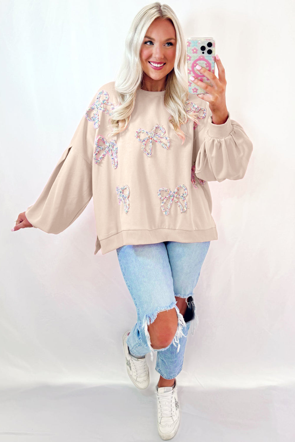 Embroidered Bow Lantern Sleeve Oversized Pullover