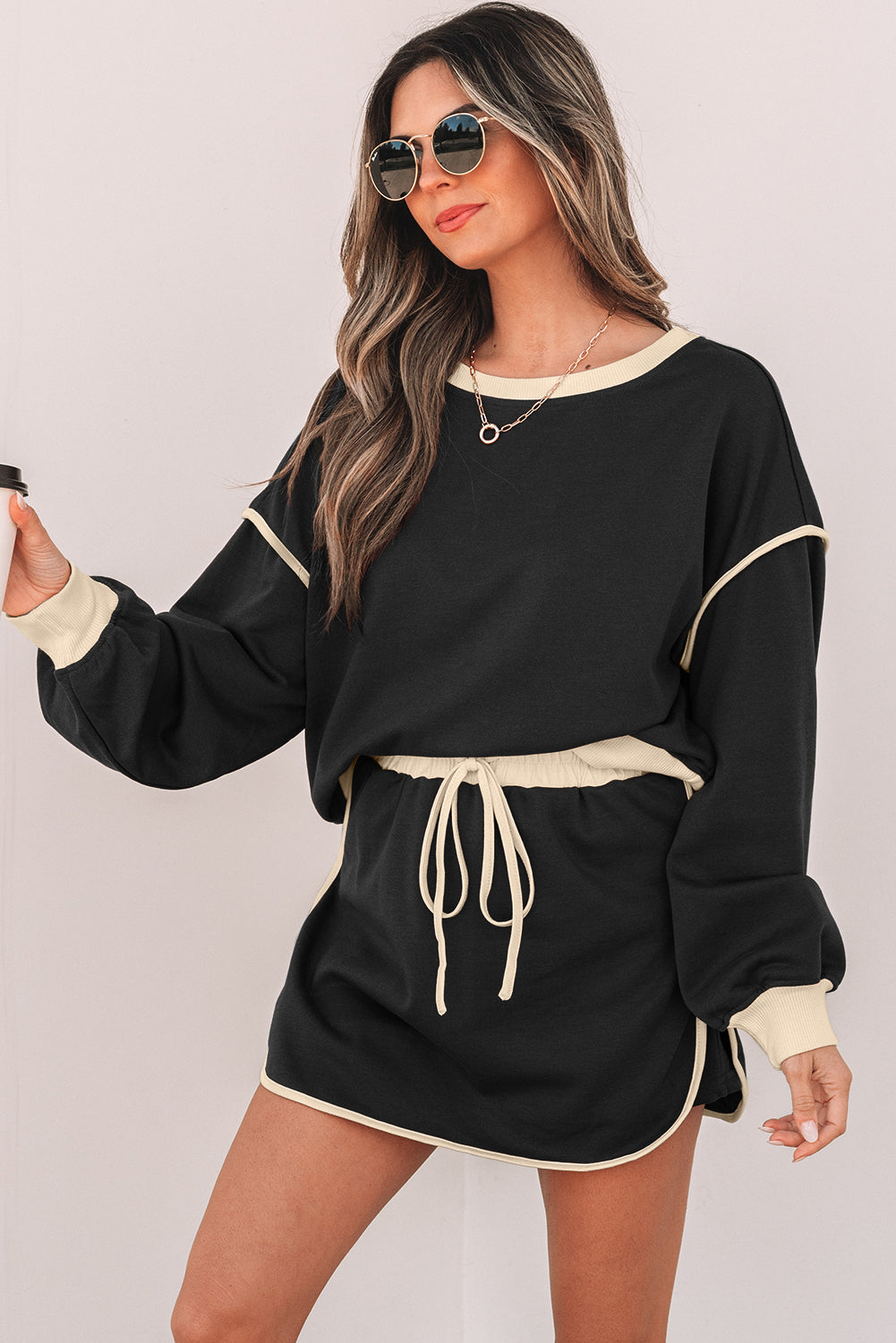 Black Color Pullover and Lace-up Waist Skort Set