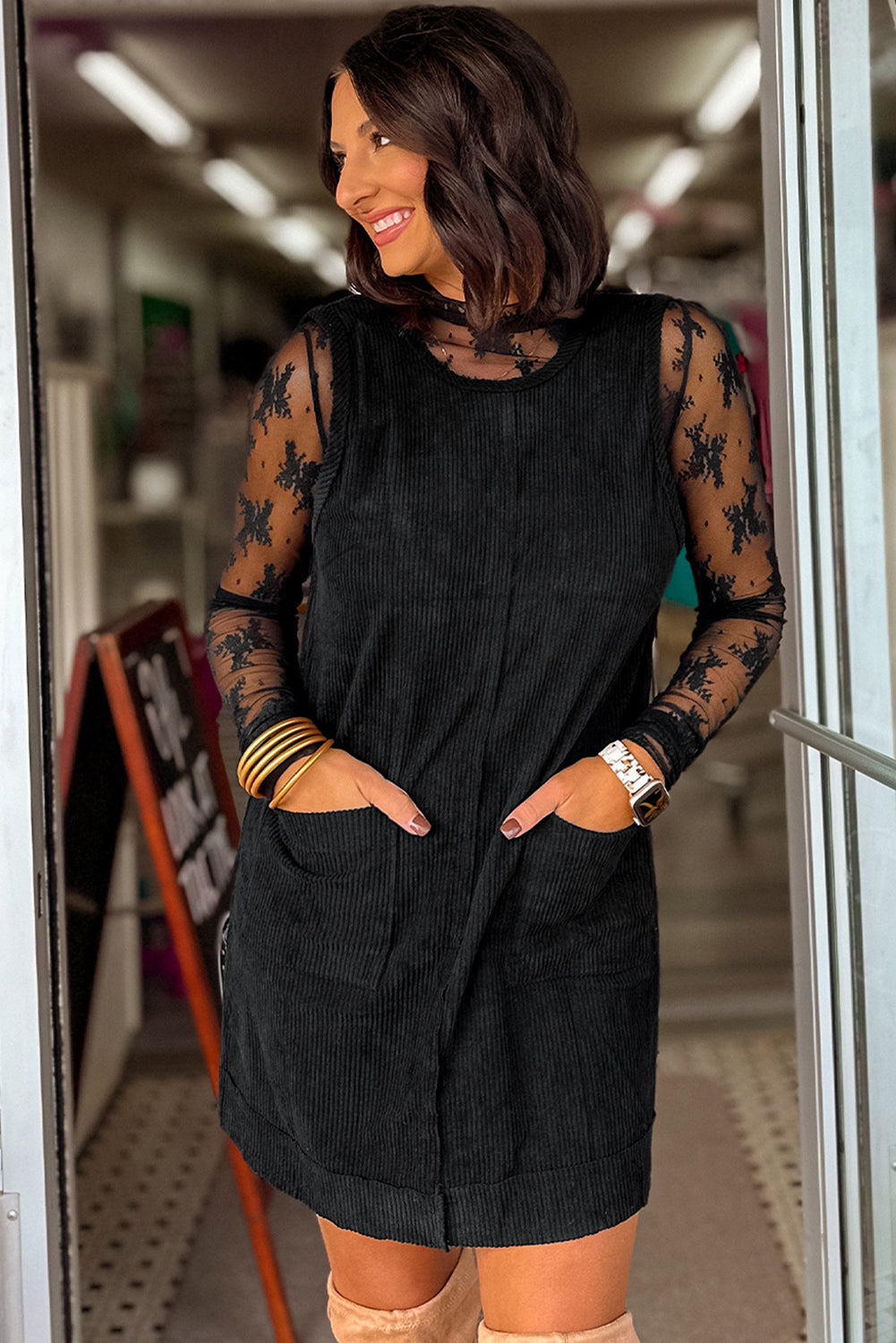 Black Corduroy Mini Dress With Pockets