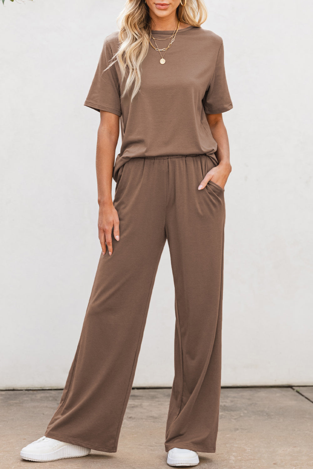 Smoke Gray Solid Color T Shirt Wide Leg Pants Set