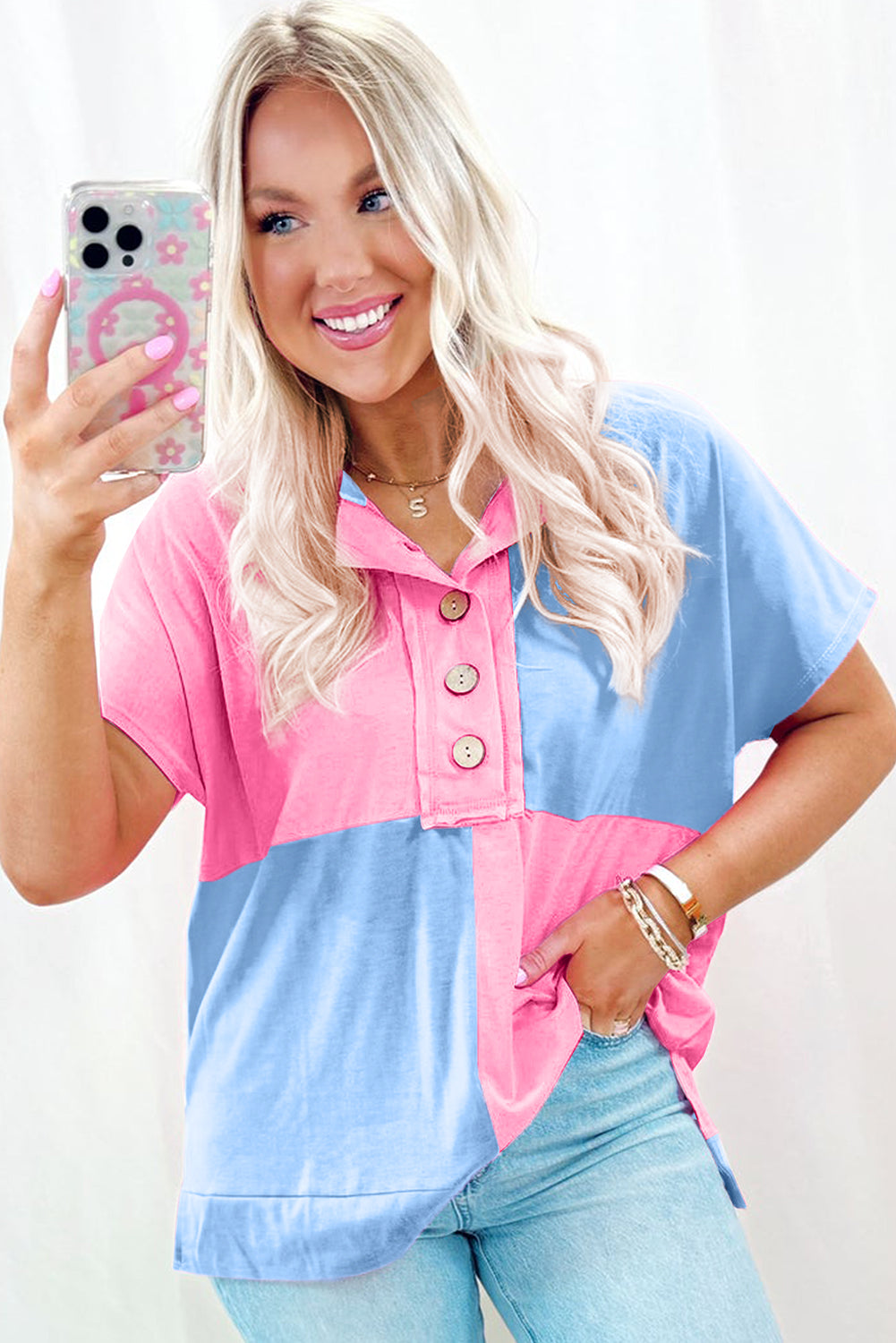 Color Blocked Half Button Collared T Shirt