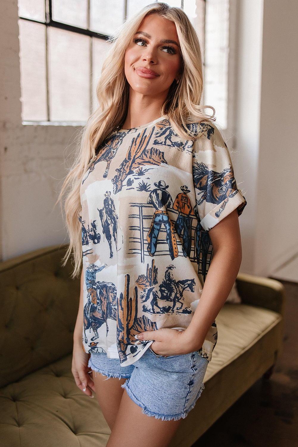 Western Cowboy Print T Shirt