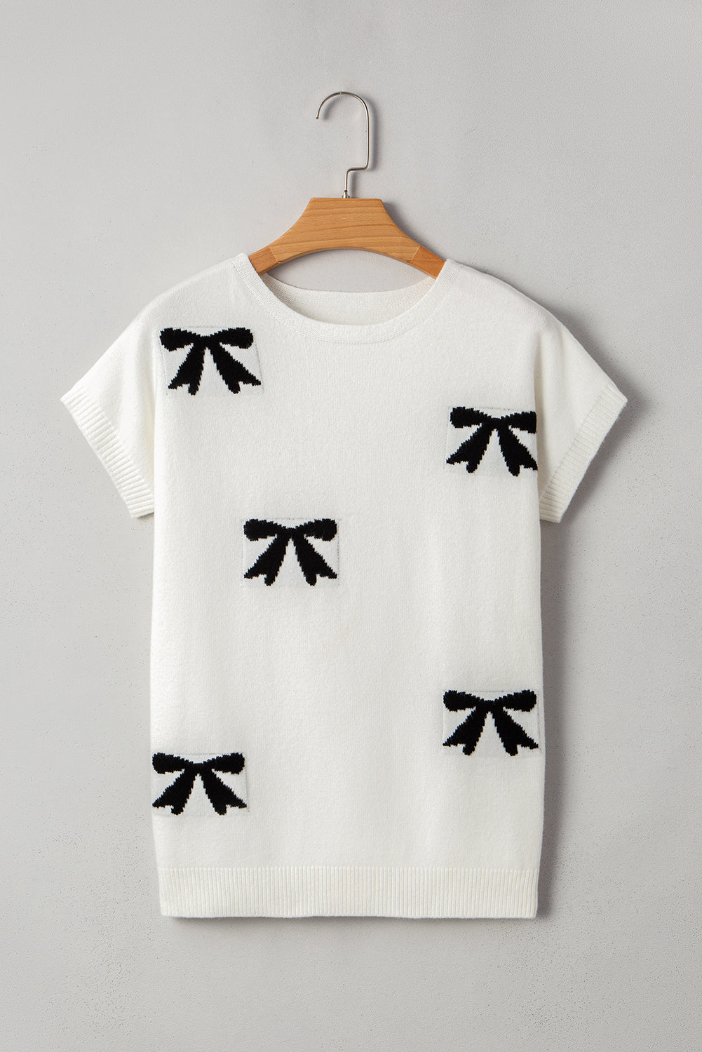 White Bow Pattern Knit Short Sleeve Sweater